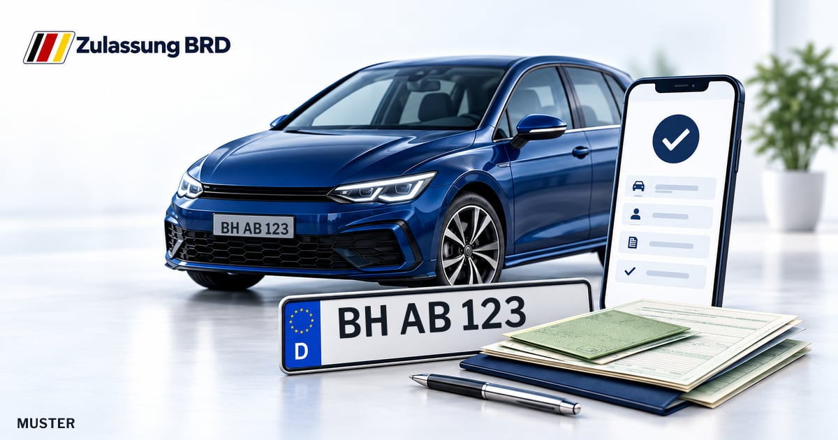 Online Fahrzeugzulassung in Willstätt: Musterkennzeichen BH AB 123, Auto und Fahrzeugpapiere und Smartphone. Illustration mit Logo von Zulassung BRD.